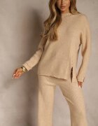 j&x Set Bej din Lână și Bumbac Pulover cu Nasturi și Pantaloni Largi Reinelia