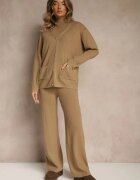 j&x Set Bej din Tricot de Bumbac Pantaloni Cardigan și Tricou cu Guler Ralonia