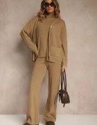 j&x Set Bej din Tricot de Bumbac Pantaloni Cardigan și Tricou cu Guler Ralonia