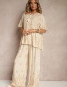 j&x Set Bej din Viscoză Pantaloni și Bluză Decorată cu Legătură Lunarelis