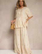 j&x Set Bej din Viscoză Pantaloni și Bluză Decorată cu Legătură Lunarelis