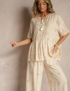 j&x Set Bej din Viscoză Pantaloni și Bluză Decorată cu Legătură Lunarelis
