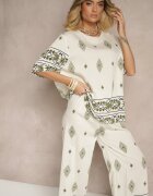 j&x Set Bej și Verde închis din Vâscoză cu Model Etnic Pantaloni Lărgi și Tricou Sarivianne