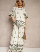 j&x Set Bej și Verde închis din Vâscoză cu Model Etnic Pantaloni Lărgi și Tricou Sarivianne