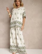 j&x Set Bej și Verde închis din Vâscoză cu Model Etnic Pantaloni Lărgi și Tricou Sarivianne