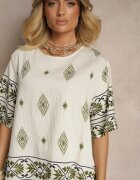 j&x Set Bej și Verde închis din Vâscoză cu Model Etnic Pantaloni Lărgi și Tricou Sarivianne