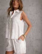 j&x Set de vară din viscoză cu broderie cămașă fără mâneci și scurt Naseshi Alb