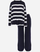 j&x Set din tricot cu bumbac pulover în dungi cu nasturi decorativi și pantaloni Yatis Bleumarin