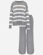 j&x Set din tricot cu bumbac pulover în dungi cu nasturi decorativi și pantaloni Yatis Gri