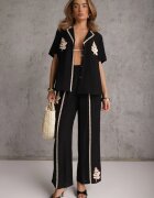 j&x Set din viscoză: cămașă și pantaloni cu aplicații croșetate Urasen Negru