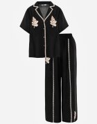j&x Set din viscoză: cămașă și pantaloni cu aplicații croșetate Urasen Negru