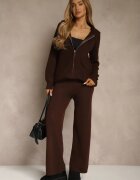 j&x Set Maro cu Lână și Bumbac Bluză cu glugă cu fermoar și Pantaloni Largi Reisema
