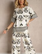 j&x Set Negru-Bej Din Viscoză cu Imprimeu Oriental Pantaloni Lărgi și Tricou Pollialia