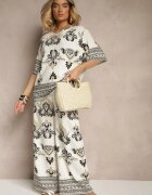j&x Set Negru-Bej Din Viscoză cu Imprimeu Oriental Pantaloni Lărgi și Tricou Pollialia
