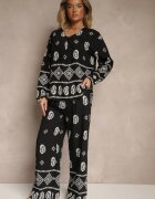 j&x Set Negru în Stil Etnic Pantaloni cu Elastic în Talie și Bluză Oversize Eviralyn