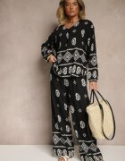 j&x Set Negru în Stil Etnic Pantaloni cu Elastic în Talie și Bluză Oversize Eviralyn