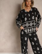 j&x Set Negru în Stil Etnic Pantaloni cu Elastic în Talie și Bluză Oversize Eviralyn