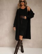 j&x Set Negru Tricotat cu Lână Rochie Rebrată și Cardigan Lung Falonessa