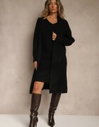 j&x Set Negru Tricotat cu Lână Rochie Rebrată și Cardigan Lung Falonessa