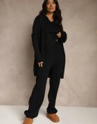j&x Set Negru Tricotat din Bumbac Pantaloni Vestă și Cardigan Lung Mevalinia
