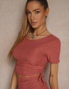 j&x Set Roz închis cu Bumbac Fustă mulată cu șnururi și Bluză Luneriela