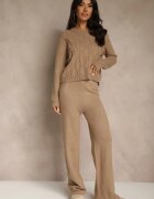 j&x Set tricotat bej închis cu Lână Pantaloni Wide Leg și Pulover Cropped Nezera