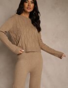 j&x Set tricotat bej închis cu Lână Pantaloni Wide Leg și Pulover Cropped Nezera