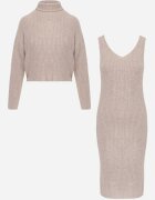 j&x Set tricotat cu dungi cu lână și bumbac cu guler înalt și rochie bodycon Mirrela Bej închis