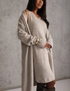 j&x Set tricotat cu lână și bumbac rochie cu decolteu în V și cardigan lung Veolara Bej Bej deschis