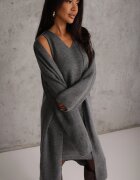 j&x Set tricotat cu lână și bumbac rochie cu decolteu în V și cardigan lung Veolara Bej Gri