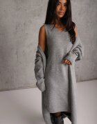j&x Set tricotat cu lână și bumbac rochie cu decolteu în V și cardigan lung Veolara Bej Gri deschis