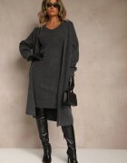 j&x Set tricotat gri închis cu lână Rochie reiată și Cardigan lung Falonessa