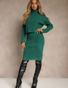 j&x Set Tricotat Verde cu Bumbac și Lână Rochie Mulată și Pulover Guler Înalt Reinissa