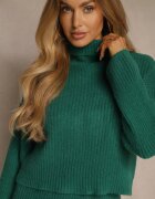 j&x Set Tricotat Verde cu Bumbac și Lână Rochie Mulată și Pulover Guler Înalt Reinissa