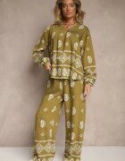 j&x Set Verde închis în Stil Etno Pantaloni cu Elastic în Talie și Bluză Oversize Eviralyn