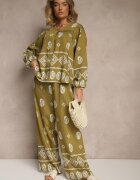 j&x Set Verde închis în Stil Etno Pantaloni cu Elastic în Talie și Bluză Oversize Eviralyn