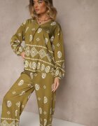 j&x Set Verde închis în Stil Etno Pantaloni cu Elastic în Talie și Bluză Oversize Eviralyn