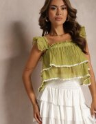 j&x Top Verde deschis cu bretele cu volane și detașabil Treviana