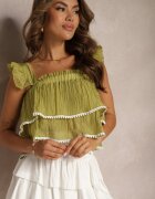 j&x Top Verde deschis cu bretele cu volane și detașabil Treviana