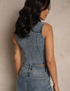 j&x Vestă Albastră De blugi din Bumbac Decorată cu Imitație de Buzunare Mailirisa