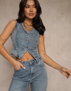 j&x Vestă Albastră De blugi din Bumbac Decorată cu Imitație de Buzunare Mailirisa