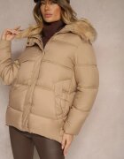  Jachetă de iarnă Bej închis cu cusături matlasate buzunare și glugă cu blană detașabilă Ililda