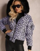  Jachetă matlasată violet cu imprimeu leopard cu glugă și săculeț decorativ Sadeve