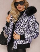  Jachetă matlasată violet cu imprimeu leopard cu glugă și săculeț decorativ Sadeve