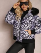  Jachetă matlasată violet cu imprimeu leopard cu glugă și săculeț decorativ Sadeve