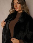  Jachetă Neagră tip blană cu Guler și Mâneci 3/4 ample cu Fermoar Clauda