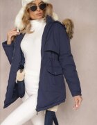  Jachetă Parka Bleumarin cu Glugă Detașabilă și Blană Veazee
