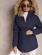  Jachetă Parka Bleumarin cu Glugă Detașabilă și Blană Veazee