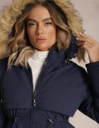  Jachetă Parka Bleumarin cu Glugă Detașabilă și Blană Veazee