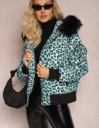  Jachetă verde deschis matlasată cu imprimeu leopard cu glugă și borsetă decorativă Sadeve